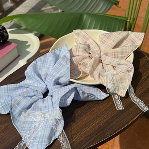 French Style Plaid Lace Bow Hair Scrunchies Sweet Fabric Hair Ties With Faux Artificial Pearl Plaid Pattern Elastic Ponytail Holder For Women Daily Vacation