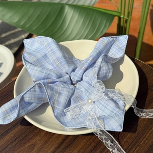 French style light blue plaid lace bow scrunchie with pearl detail for women