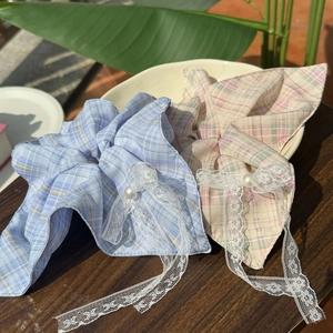 French style plaid lace bow scrunchie with faux pearl in light blue and pink colors