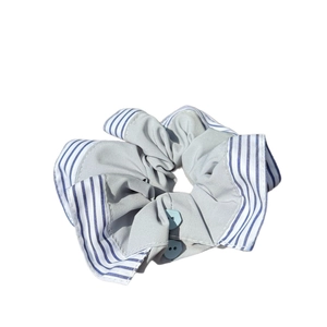 British style plaid hair scrunchie with button accents and blue-white striped fabric edge