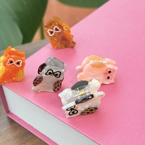 Détail de mini pinces à cheveux hibou en acétate avec texture marbrée sur décor