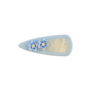 Water drop blue acetate hair clip with floral marble pattern and 3D flower accents