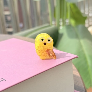 Vue détaillée d'une pince à cheveux hibou jaune en acétate sur un livre rose