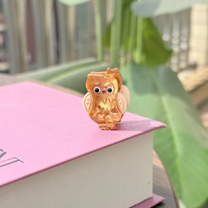 Vue détaillée d'une pince à cheveux chouette en acétate orange sur un livre rose