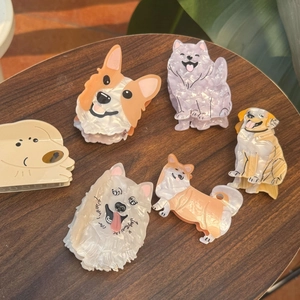 Cute Dog Shaped Acetate Hair Claw Clip Animal Design Corgi Samoyed Handmade Pearl Luster Trendy Women Hair Accessories