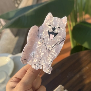Pearlescent white Samoyed acetate hair claw clip for women's animal themed hairstyles