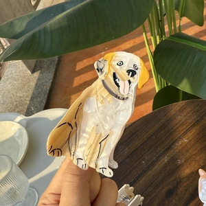Detail view of acetate golden retriever dog hair claw clip held in sunny outdoor setting