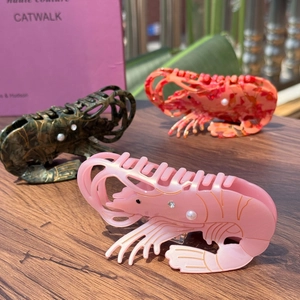 Creative Shrimp Shaped Acetate Hair Claw Clip Artificial Pearl Rhinestone Lobster Hair Clip Marble Texture For Women Hair Accessories