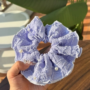 Lavender purple lace hair scrunchie with white pearls and textured bubble fabric