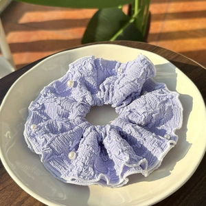 Lavender Purple Pleated Hair Scrunchie Fabric Lace Trim Faux Artificial Pearl Bow Ribbon Sweet Elastic Hair Band For Women Vacation