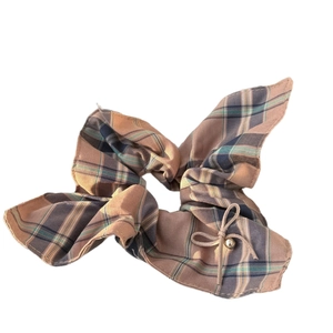 Brown plaid scrunchie with a stylish bow knot, cord tie, and golden bead accent
