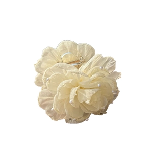 Elegant white mesh flower hair claw clip with faux pearls and transparent shark clip
