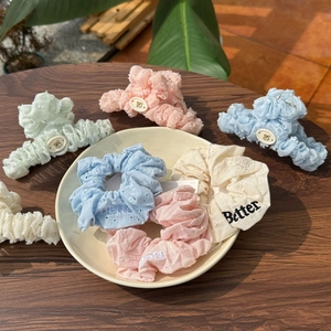 Accessoires de Cheveux pour Femmes Style Coréen avec Chouchou en Tissu Brodé de Fleurs et Motif de Lettres Better Pince à Cheveux Plissée avec Nœud Papillon