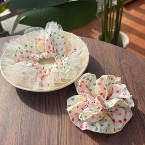 Sweet Colorful Heart Scrunchies For Women Elegant Lace Mesh Edging Pleated Fabric Hair Ties Fresh Floral Hair Accessories