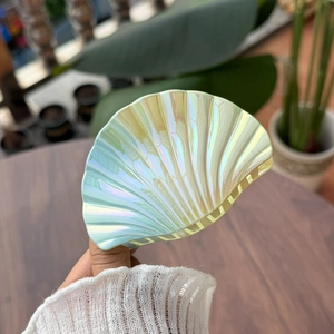 Vue macro d'une grande pince à cheveux coquillage aux reflets irisés et nacrés brillants