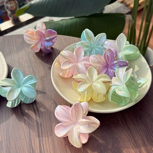 Irisierende Laser-Blumen-Haarklammern in Macarons-Farben auf einem Keramikteller