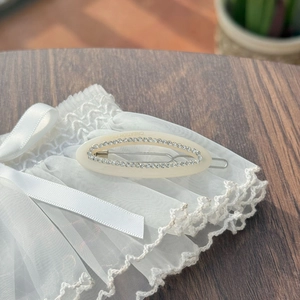 Elegant cream oval hair clip with sparkling rhinestones and French style metal frog buckle