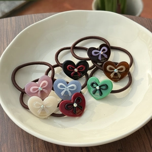 Sweet Heart Bow Knot Resin Elastic Hair Ties With Rhinestone Cute Korean Style Ponytail Holder Hair Accessories For Women