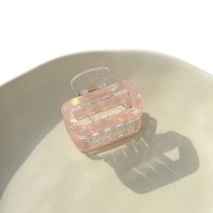 Minimalist square iridescent pink hair claw clip with pearl-like finish for women