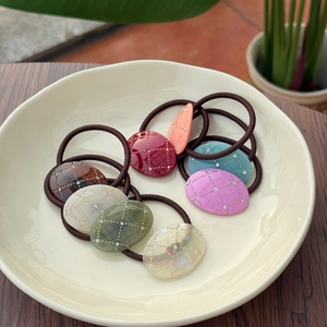 Elegant Acetate Oval Geometric Grid Hair Tie Rhinestone Inlaid Elastic Hair Rope Sweet Hair Accessories For Women Girls