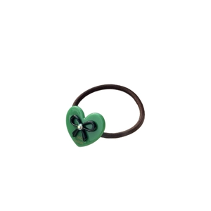 Green acetate heart hair tie with black bow and sparkling crystal for high ponytail