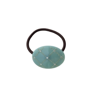 Elegant oval blue acetic acid hair tie with rhinestone grid pattern and brown elastic rope