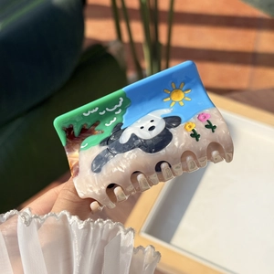 Pince à cheveux en acétate avec motif chien mignon, soleil et fleurs colorées