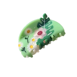 Pince à cheveux mignonne en acétate vert avec motifs de fleurs et marguerites pour femmes