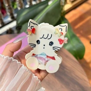 Chic cream white acetate cat hair claw clip with colorful bows and heart patterns