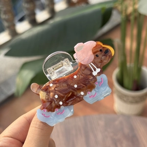 Cute acetate dachshund hair claw clip with polka dots and pink hat accessory for women