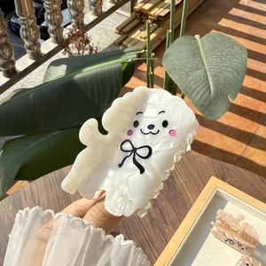 Pince à cheveux chiot en acétate blanc avec nœud noir et expression mignonne de dessin animé