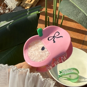 Cute fruit-shaped hair claws set featuring pink apple and green pear acetate clips