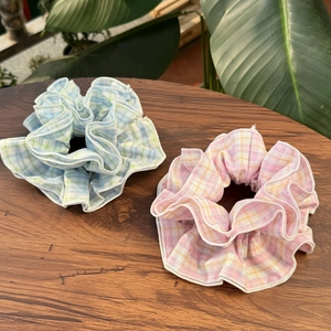 Plaid Fabric Layered Scrunchie Sweet Floral Hair Tie College Style Large Gingham Fabric Hair Ring For Women Accessory