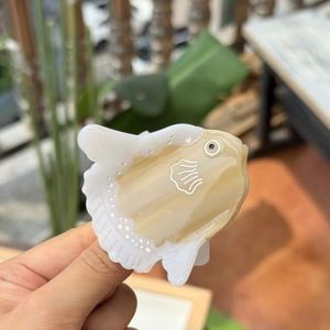 Creative fish-shaped acetate hair claw clip with pearlescent white and amber marble pattern