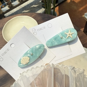 Ocean Style Acetate Hair Clips Set With Shell Starfish Imitation Artificial Pearl Decoration Marble Texture Duck Clips For Women Girls