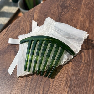 Deep green cellulose acetate hair comb with 8 teeth and gold France Handmade lettering