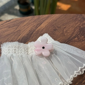 Pink acetate flower hair claw clip with marble texture on elegant white lace scrunchie