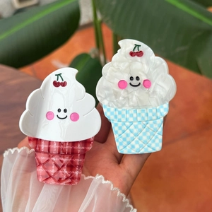 Pince à Cheveux Sucrée en Acétate Forme de Crème Glacée Cône à Carreaux Cerise Visage Souriant Accessoire Cheveux Femme