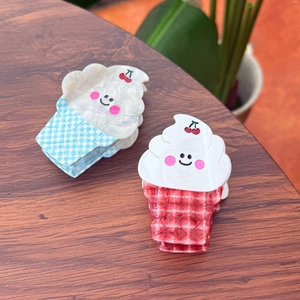 Pinces à cheveux en acétate motif cerise et crème glacée avec carreaux et visages souriants