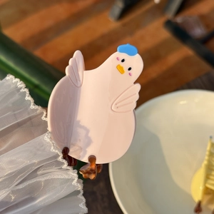 Cute pink chicken hair claw clip with blue hat, made of glossy acetate hair accessory