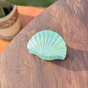 Detailed view of iridescent seashell hair claw clip with holographic mint green finish
