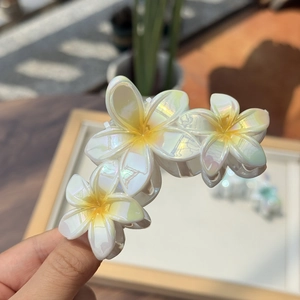 Eleganter Haarklammer mit Perlglanz-Plumeria-Blumen und Regenbogen-Effekt für Damen
