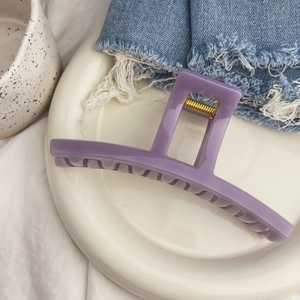 Gros plan d'une pince à cheveux violette de style français sur une assiette en céramique