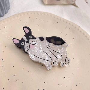 French Bulldog acetate hair claw clip with pearl finish and black spots detail