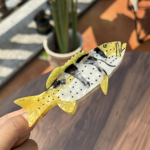 Detailed view of yellow fish hair claw clip made of acetic acid held in outdoor natural light