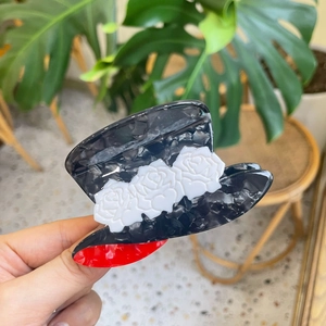 Retro hat hair claw clip with black marble texture and white roses decoration