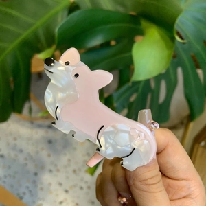 Χαριτωμένο κλιπ μαλλιών Corgi από οξική κυτταρίνη σε ροζ και λευκό μπροστά από φύλλα