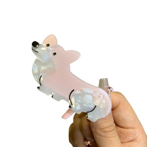 Χαριτωμένο κλιπ μαλλιών Corgi από οξική κυτταρίνη με μαργαριταρένιο λευκό φινίρισμα
