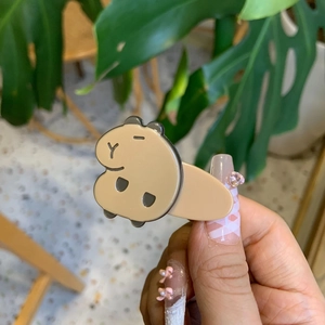 Detailed close-up of a cute acrylic Capybara hair clip held against a leafy green background