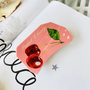 Pink acrylic claw clip with sweet cherry pattern and lettering for women's hair